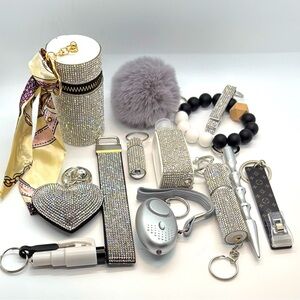 14 Piece Set Silver Rhinestone Safety Keychain Self Defense